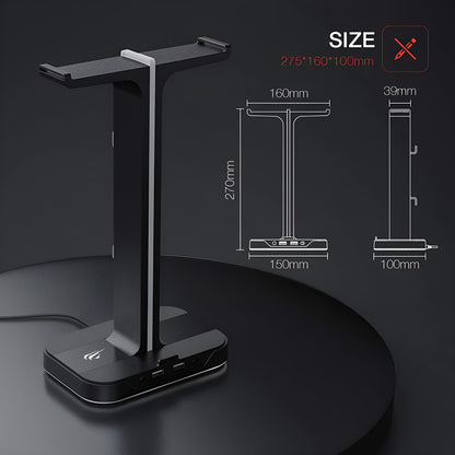 Black phone stand with dimensions displayed on a dark background