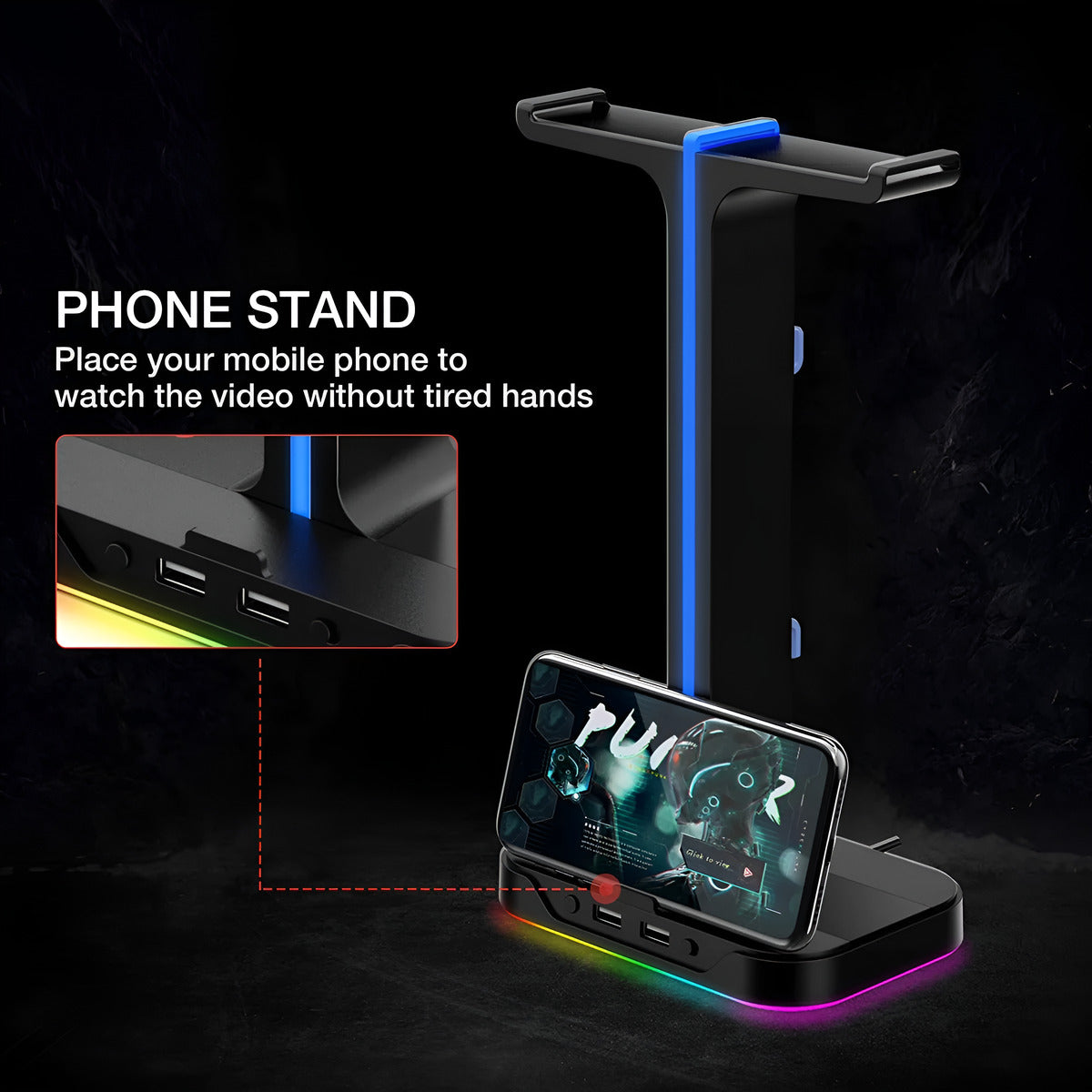 Phone stand with colorful lighting effects on a dark background
