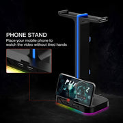 Phone stand with colorful lighting effects on a dark background