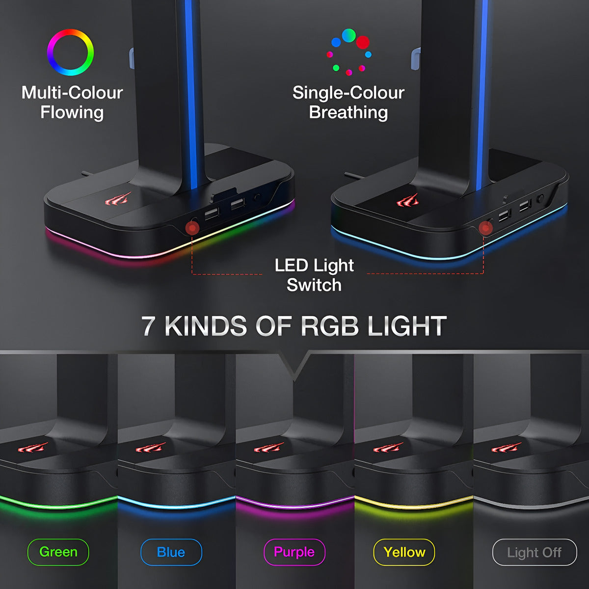 LED light switch with RGB lighting options on a dark background