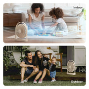 Jisulife Life5 Table Fan Rechargeable 4000mAh Portable Quiet Two images showing a family indoors and outdoors with a fan, labeled 'Indoor' and 'Outdoor'.