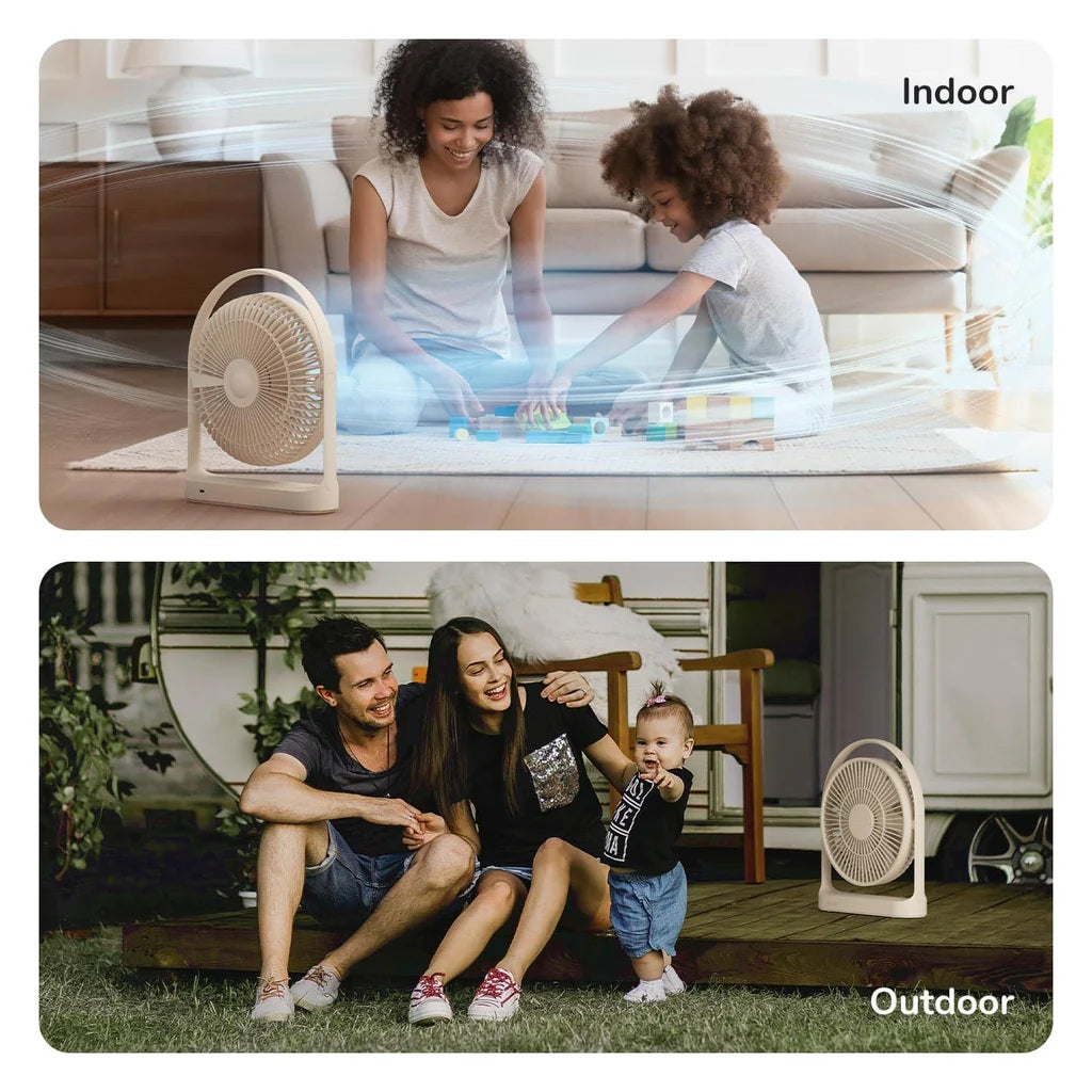 Jisulife Life5 Table Fan Rechargeable 4000mAh Portable Quiet Two images showing a family indoors and outdoors with a fan, labeled 'Indoor' and 'Outdoor'.