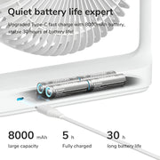 Jisulife Life5 Table Fan Rechargeable 4000mAh Portable Quiet Battery pack with charging cable and text about battery life and charging time.