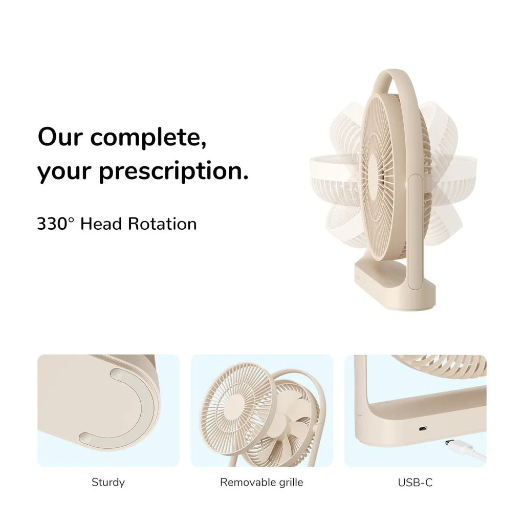 Jisulife Life5 Table Fan Rechargeable 4000mAh Portable Quiet Beige fan with features highlighted on a white background