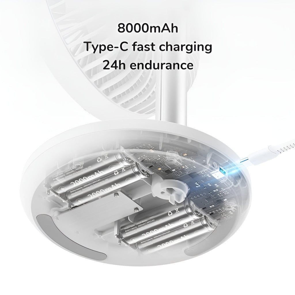 Jisulife Life7 Table Fan Rechargeable 8000mAh Adjustable Close-up of a white electronic device with charging components and text indicating 8000mAh, Type-C fast charging, and 24h endurance.