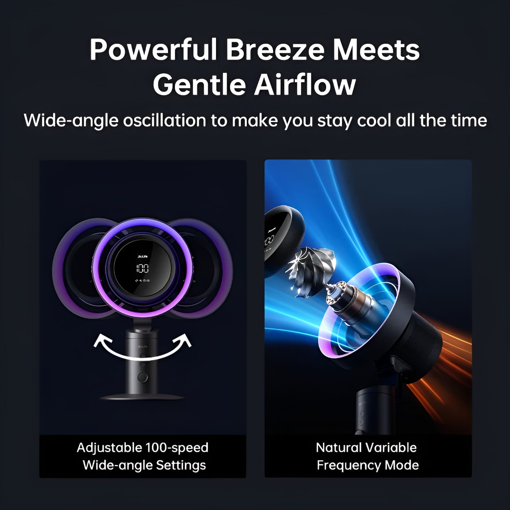 Product with wide-angle oscillation feature for cooling, on a dark background.