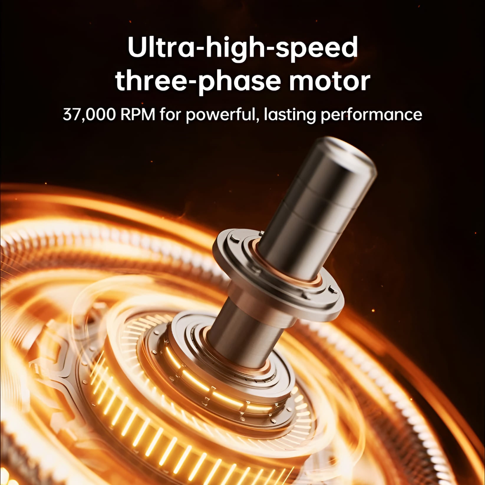 Ultra-high-speed three-phase motor with glowing coils on a dark background
