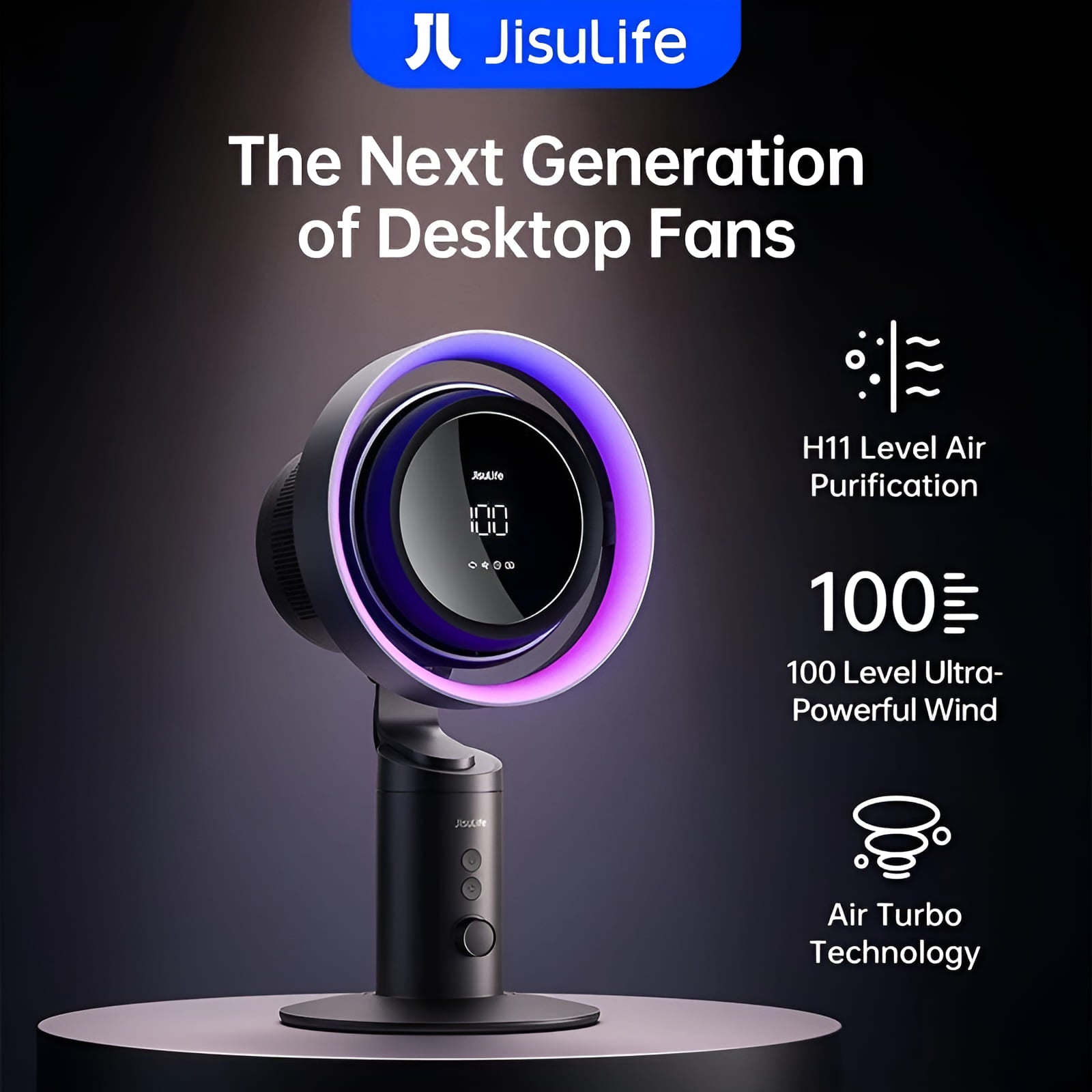 JisuLife desktop fan with features highlighted on a dark background