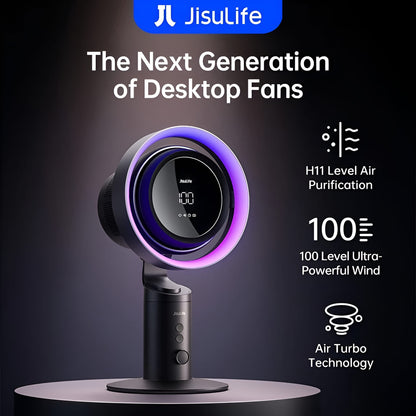 JisuLife desktop fan with features highlighted on a dark background