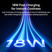 Jisulife Pro3 Table Fan Rechargeable 7200mAh 100 Speed USB-C Promotional graphic for 18W fast charging with blue light effect on a dark background