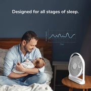 Jisulife Life5 Table Fan Rechargeable 4000mAh Portable Quiet Man holding a baby next to a fan with text 'Designed for all stages of sleep.'