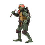 A Teenage Mutant Ninja Turtles action figure with a green and gray body, holding a sword and a staff, wearing a bandana and a belt.