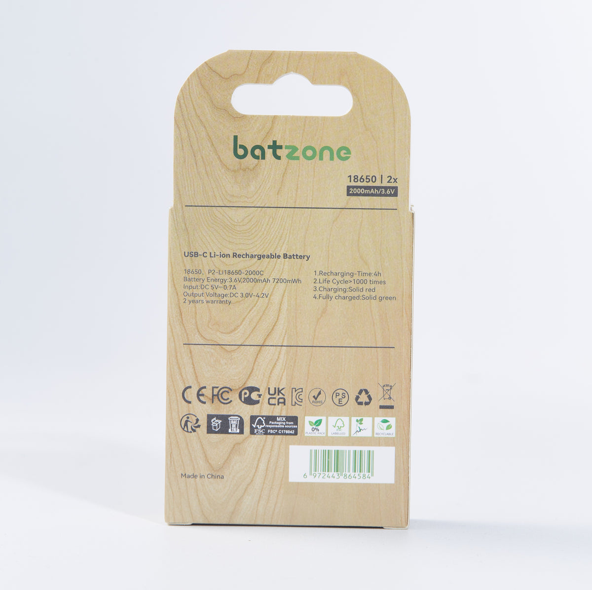 batzone Type C Li-ion Rechargeable Battery 18650 7200mWh (2Pcs), Batzone battery packaging with wooden texture on a white background
