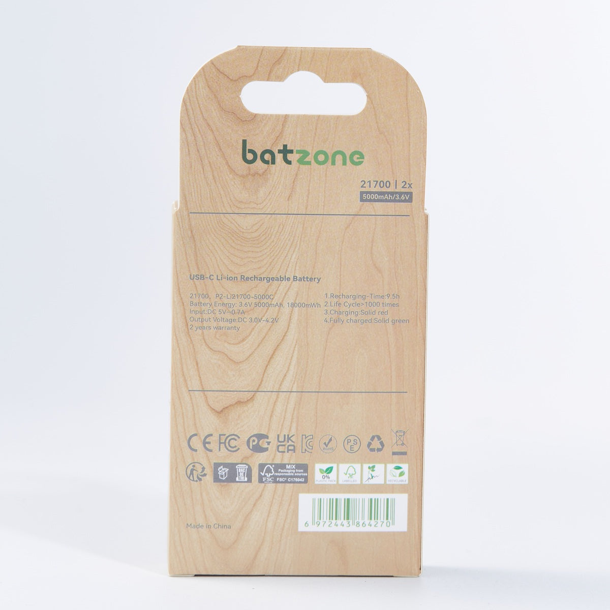 batzone Type C Li-ion Rechargeable Battery 21700 18000mWh (2Pcs), Wooden battery packaging with 'batzone' branding on a white background