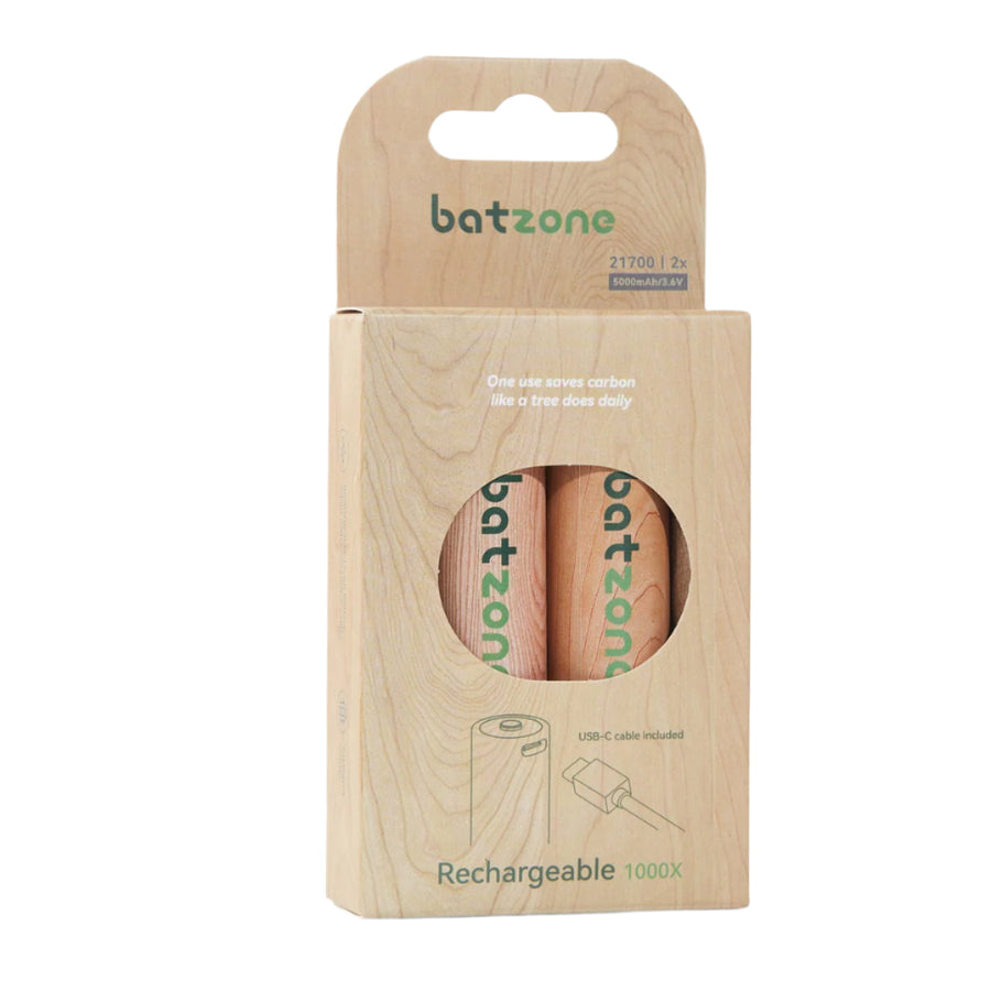 batzone Type C Li-ion Rechargeable Battery 21700 18000mWh (2Pcs), Batzone rechargeable product packaging on a white background