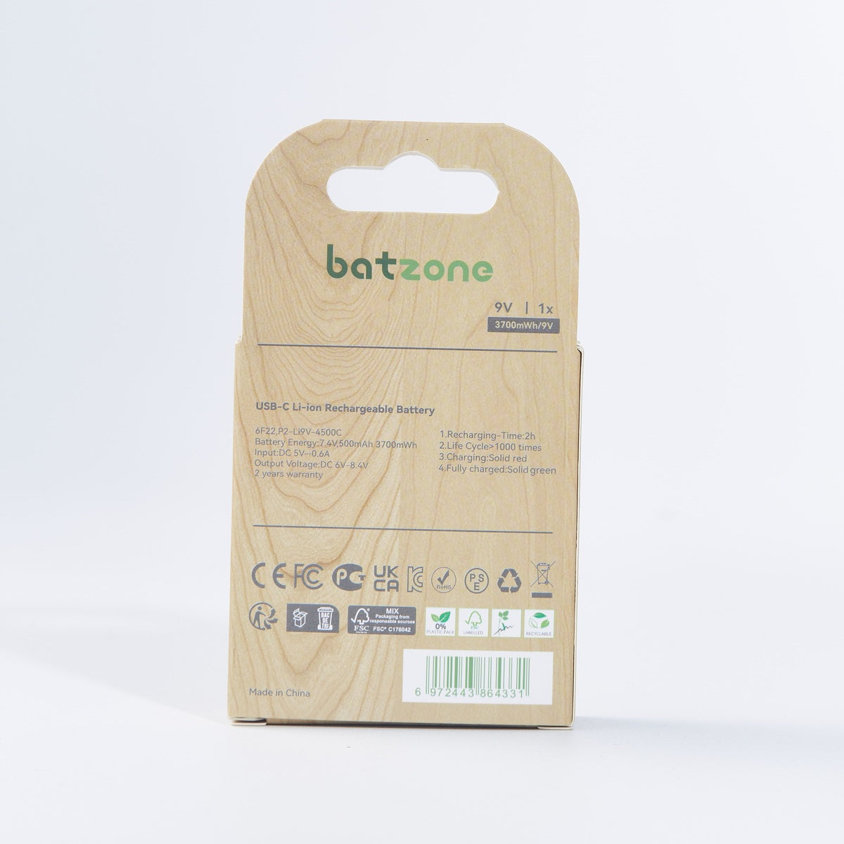 batzone Type C Li-ion Rechargeable Battery 9V 3700mWh (1Pcs), Wooden packaging of a batzone battery on a white background