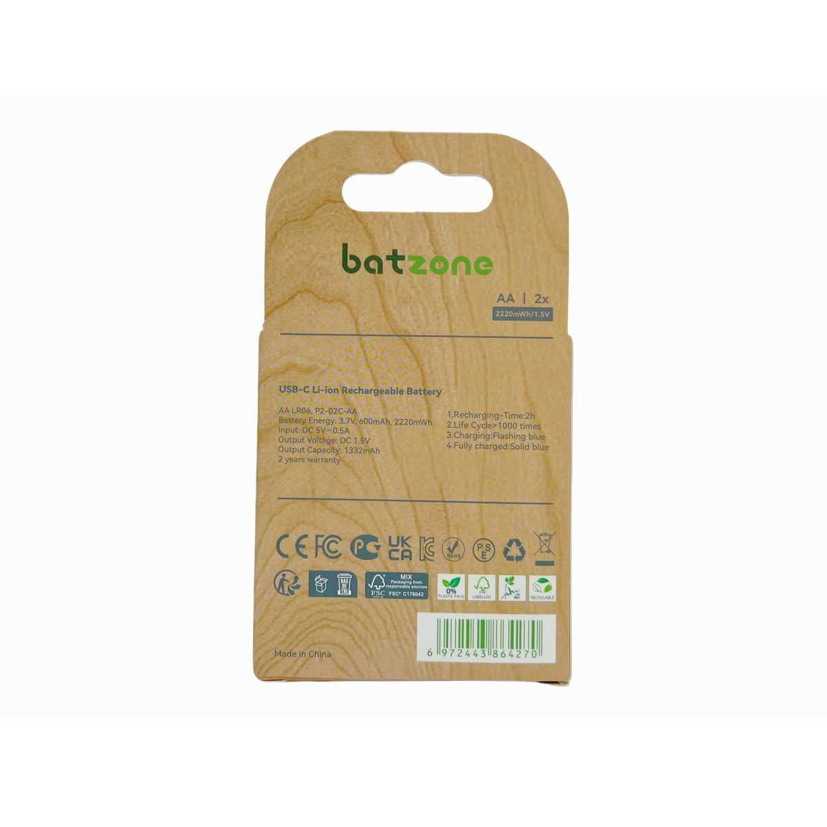 USB-CLi-ionRechargeableBatteryAA22202Pcs-8, Batzone battery packaging with a wooden texture on a white background