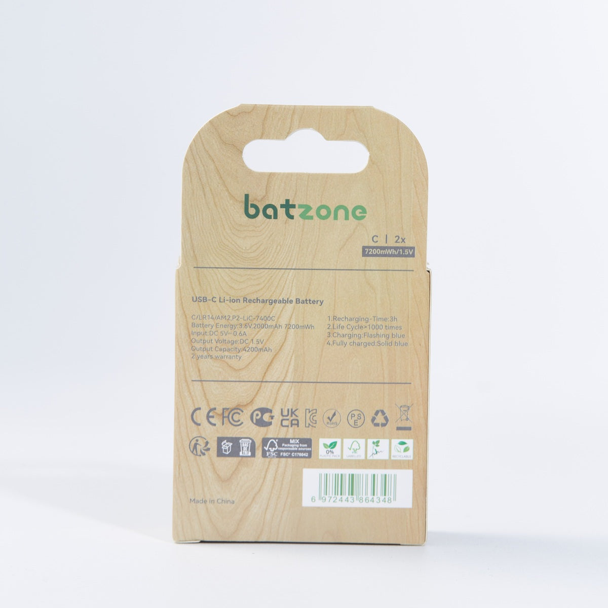 batzone Type C Li-ion Rechargeable Battery C 7200mWh (2Pcs), Wooden packaging of a batzone battery on a white background