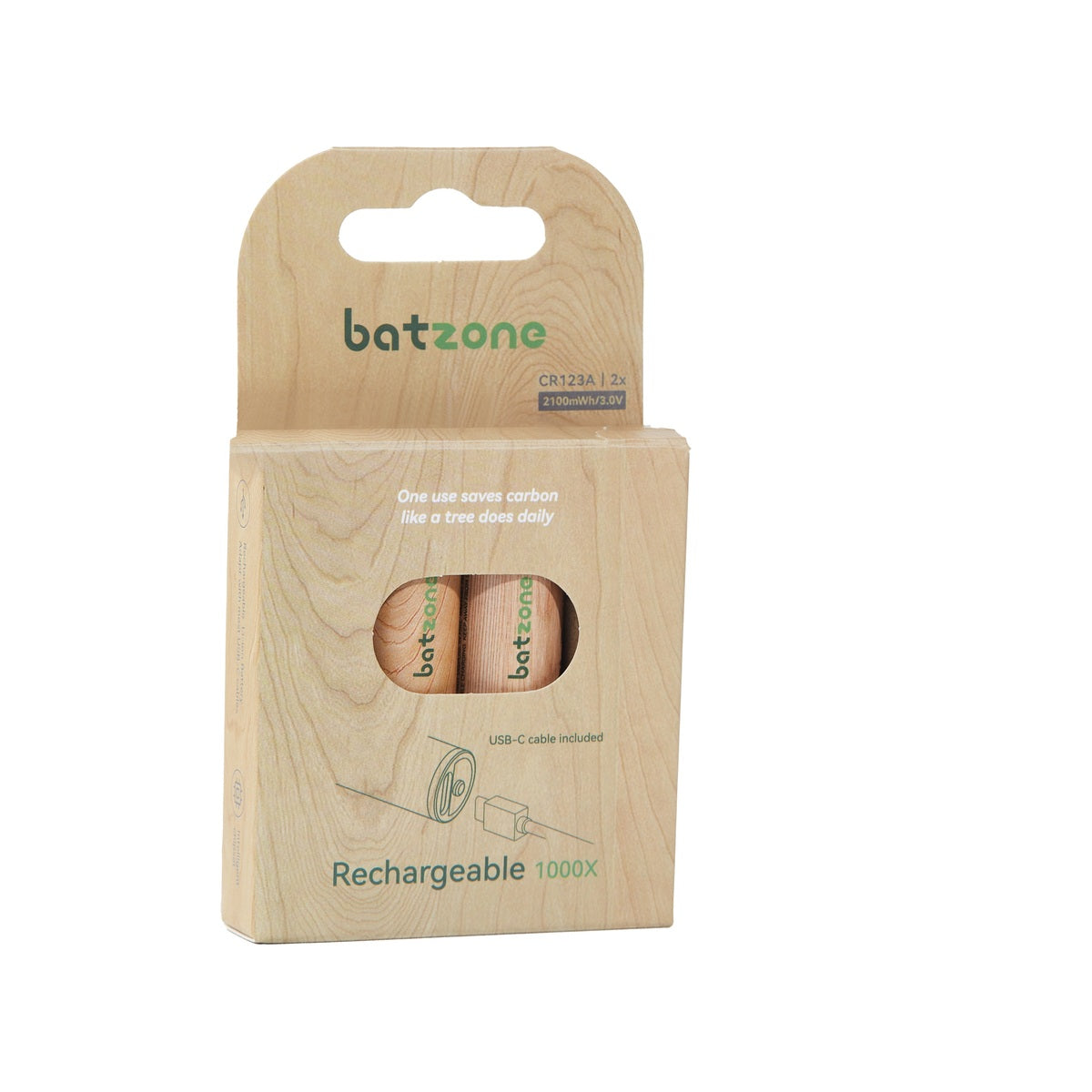 batzone Type C Li-ion Rechargeable Battery CR123A 2100mWh (2Pcs), Batzone rechargeable product packaging on a white background