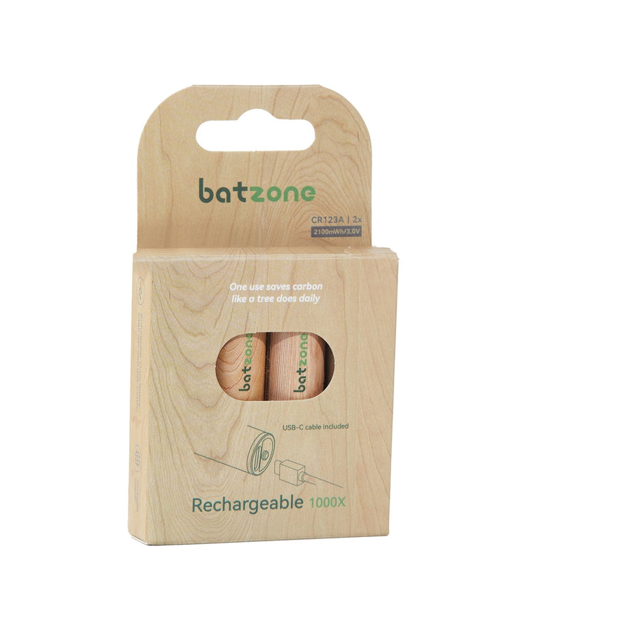 batzone Type C Li-ion Rechargeable Battery CR123A 2100mWh (2Pcs), Batzone rechargeable product packaging on a white background