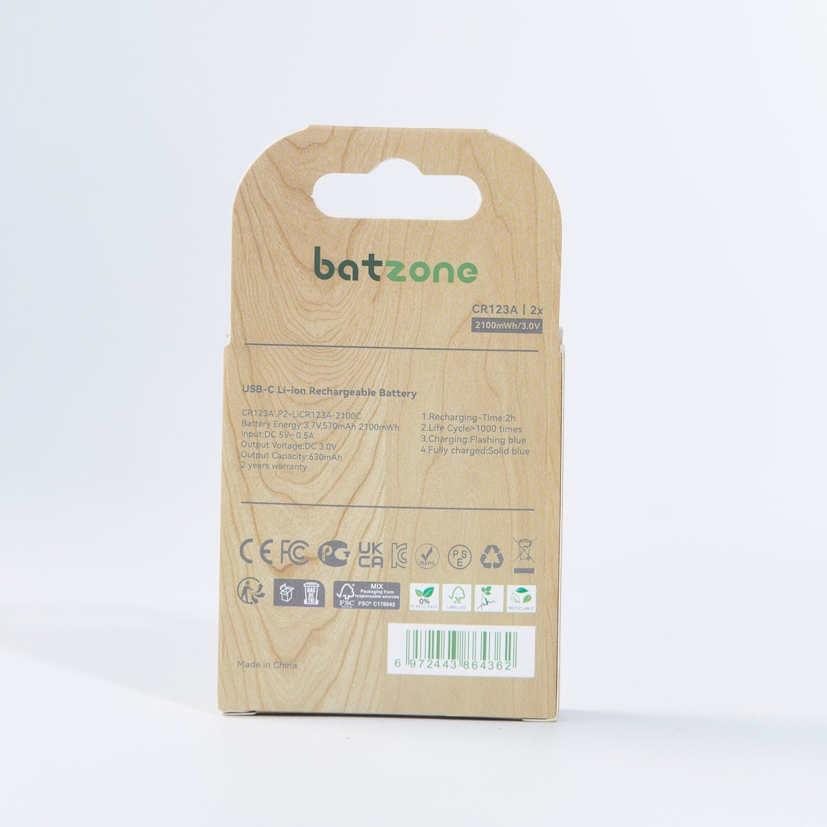 batzone Type C Li-ion Rechargeable Battery CR123A 2100mWh (2Pcs), Batzone battery packaging with wooden design on a white background