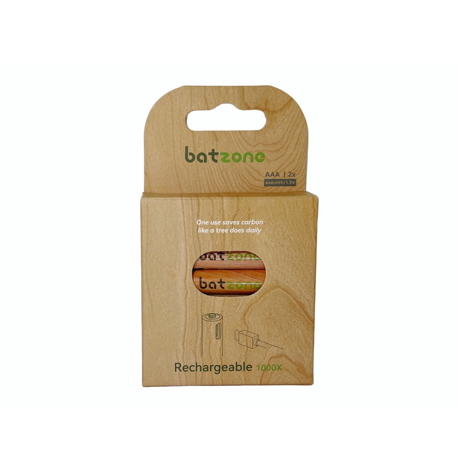 batzone Type C Li-ion Rechargeable Battery AAA 666mWh, Batzone rechargeable AAA battery packaging on a white background