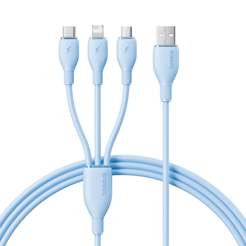 Galaxy Blue Ultra-Fast 1-for-3 Cable USB to M+L+C 3.5A blue On White Background
