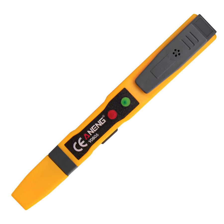 A yellow voltage tester pen with a black and gray handle, featuring a power indicator button and a safety alarm lever.