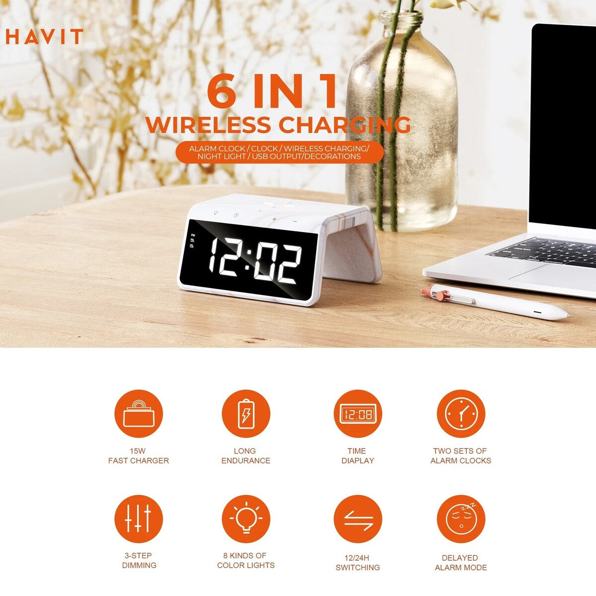 Havit 6-in-1 wireless charging clock on a desk with laptop and decor items.