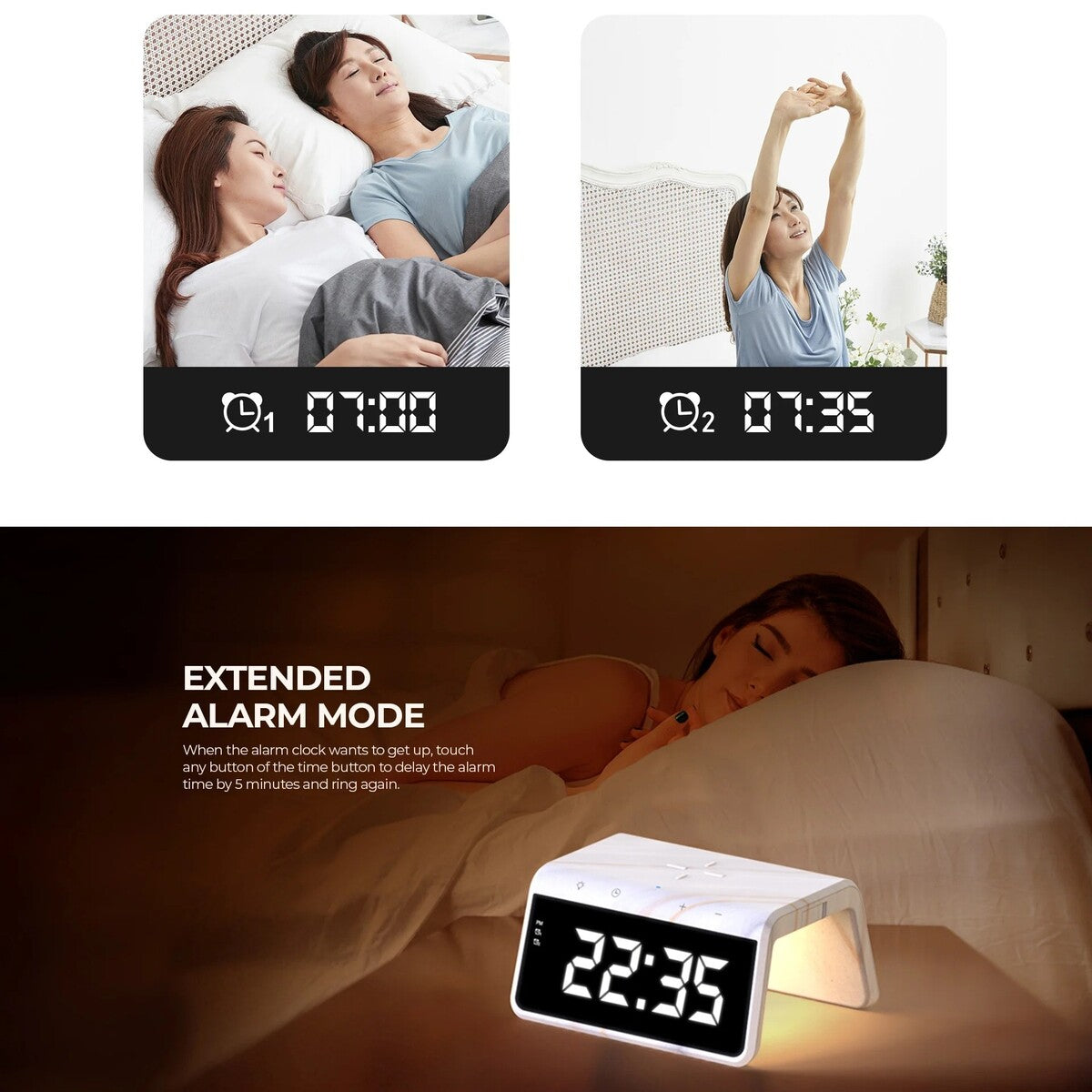 Digital alarm clock displaying time on a bed with people around