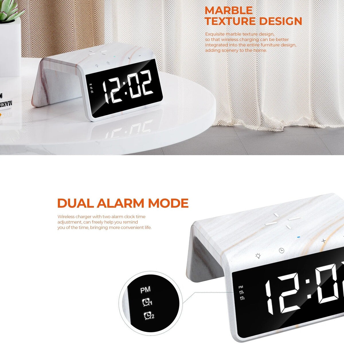 Digital clock with marble texture design on a white surface.
