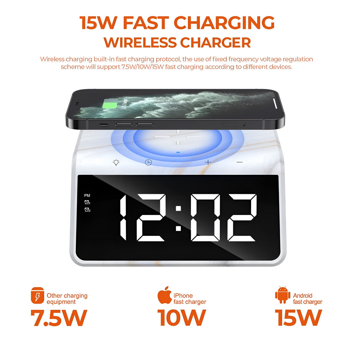 Wireless charger with digital clock display on a white background