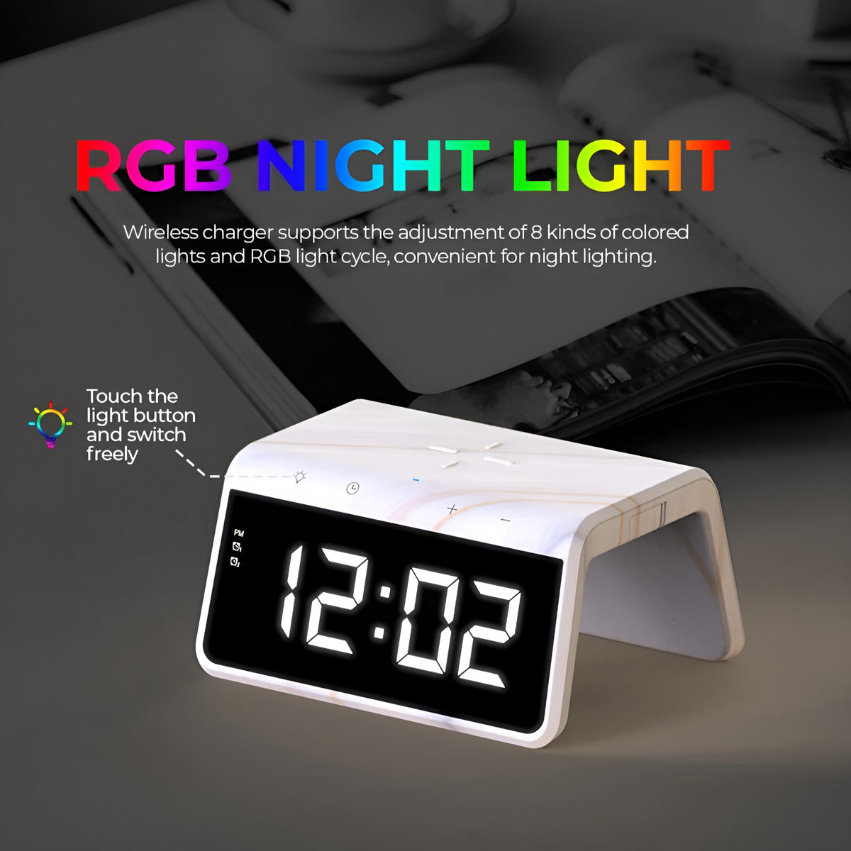 Digital clock with RGB night light feature on a dark background