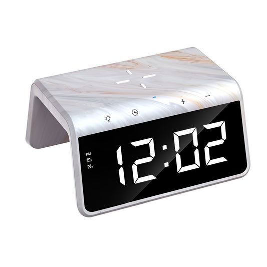 Digital clock with marble design on a white background