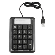 A black wired USB numeric desktop keypad with a USB connector on one end and a spacebar on the bottom. The keypad has a clear plastic cover and silver-colored keys.