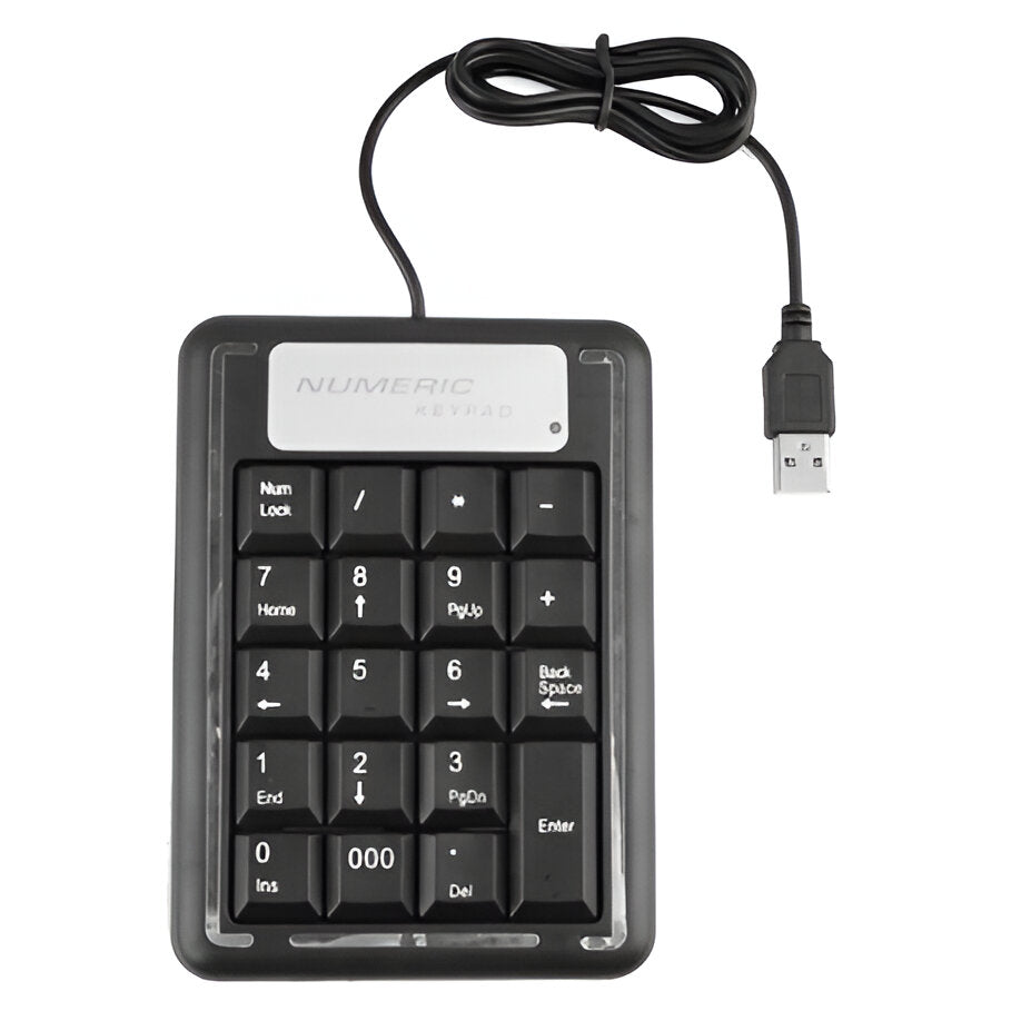 A black wired USB numeric desktop keypad with a USB connector on one end and a spacebar on the bottom. The keypad has a clear plastic cover and silver-colored keys.