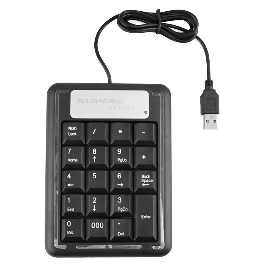A black wired USB numeric desktop keypad with a USB connector on one end and a spacebar on the bottom. The keypad has a clear plastic cover and silver-colored keys.