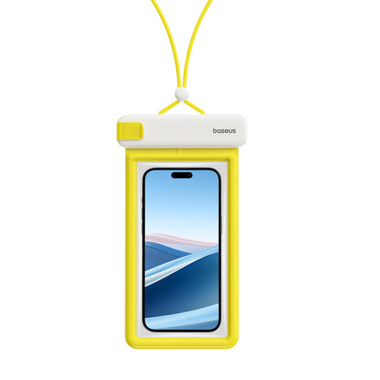 A clip-on style waterproof phone pouch from Baseus, in yellow and white colors, with a phone displayed in the center.