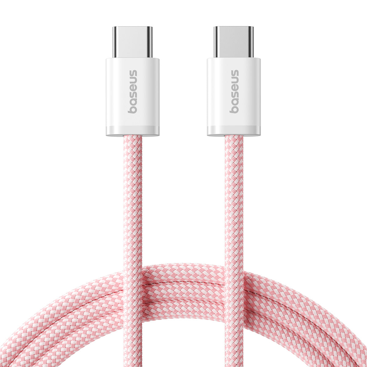 Baseus USB cable with pink braided design on a white background