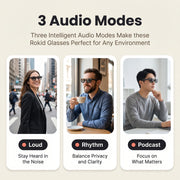Rokid AI Glasses (12MP POV Camera, Dual‑Eye AR Display, 89‑Language Translation) Three scenarios showing people wearing Rokid Glasses with text describing three audio modes.