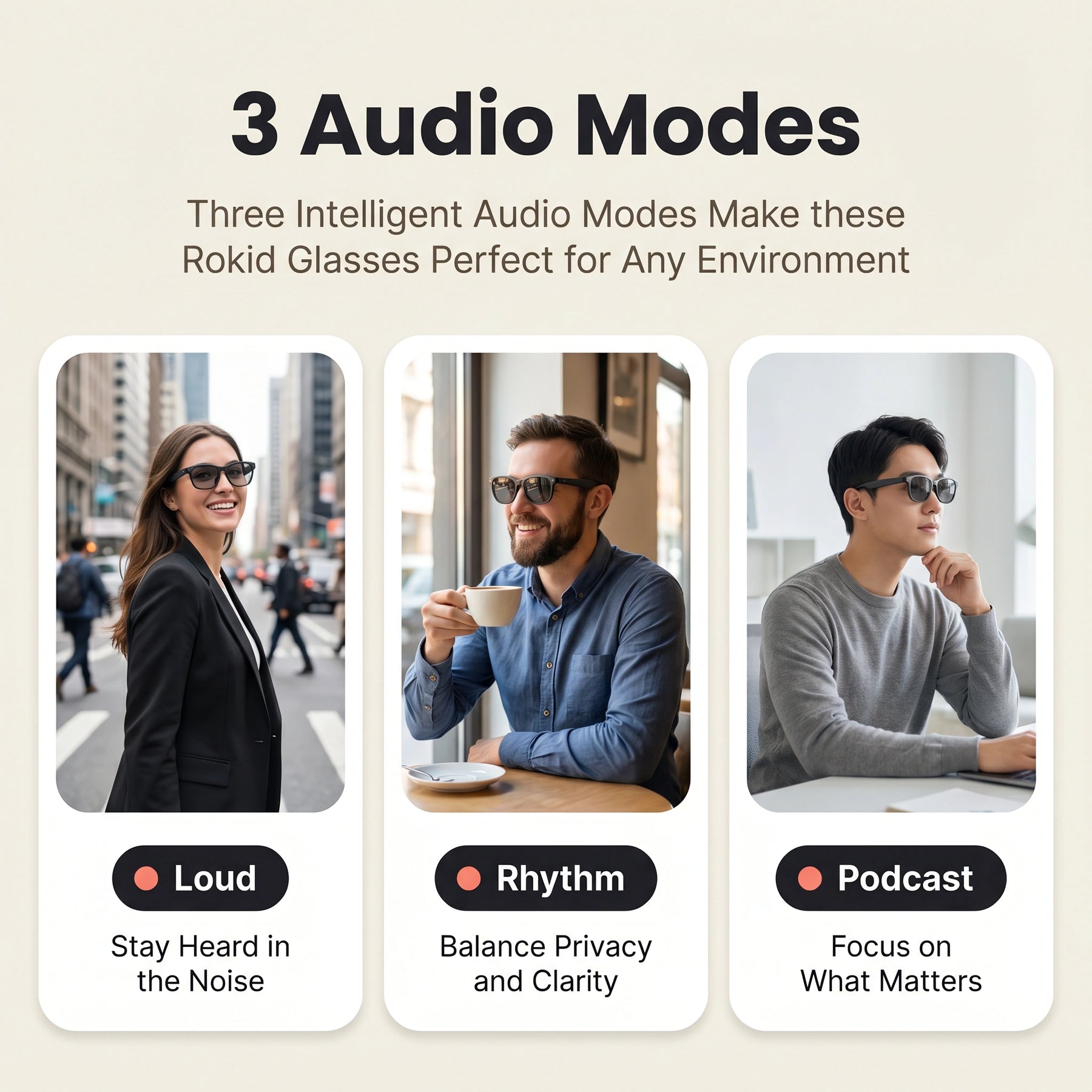 Rokid AI Glasses (12MP POV Camera, Dual‑Eye AR Display, 89‑Language Translation) Three scenarios showing people wearing Rokid Glasses with text describing three audio modes.