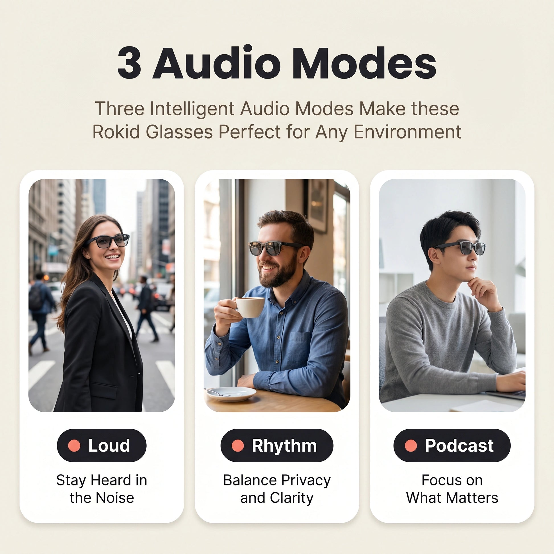 Rokid AI Glasses (12MP POV Camera, Dual‑Eye AR Display, 89‑Language Translation) Three scenarios showing people wearing Rokid Glasses with text describing three audio modes.