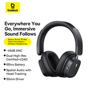 Baseus noise cancellation wireless headphones with features listed on a white background
