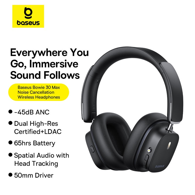 Baseus noise cancellation wireless headphones with features listed on a white background