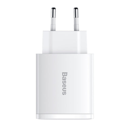 A white Baseus Compact Quick Charger with a EU plug.