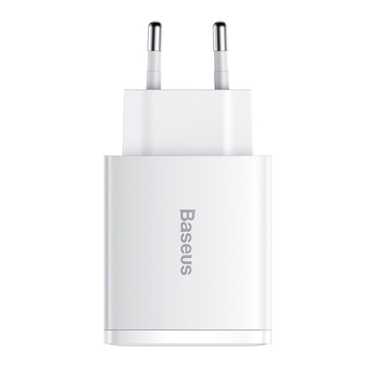 A white Baseus Compact Quick Charger with a EU plug.