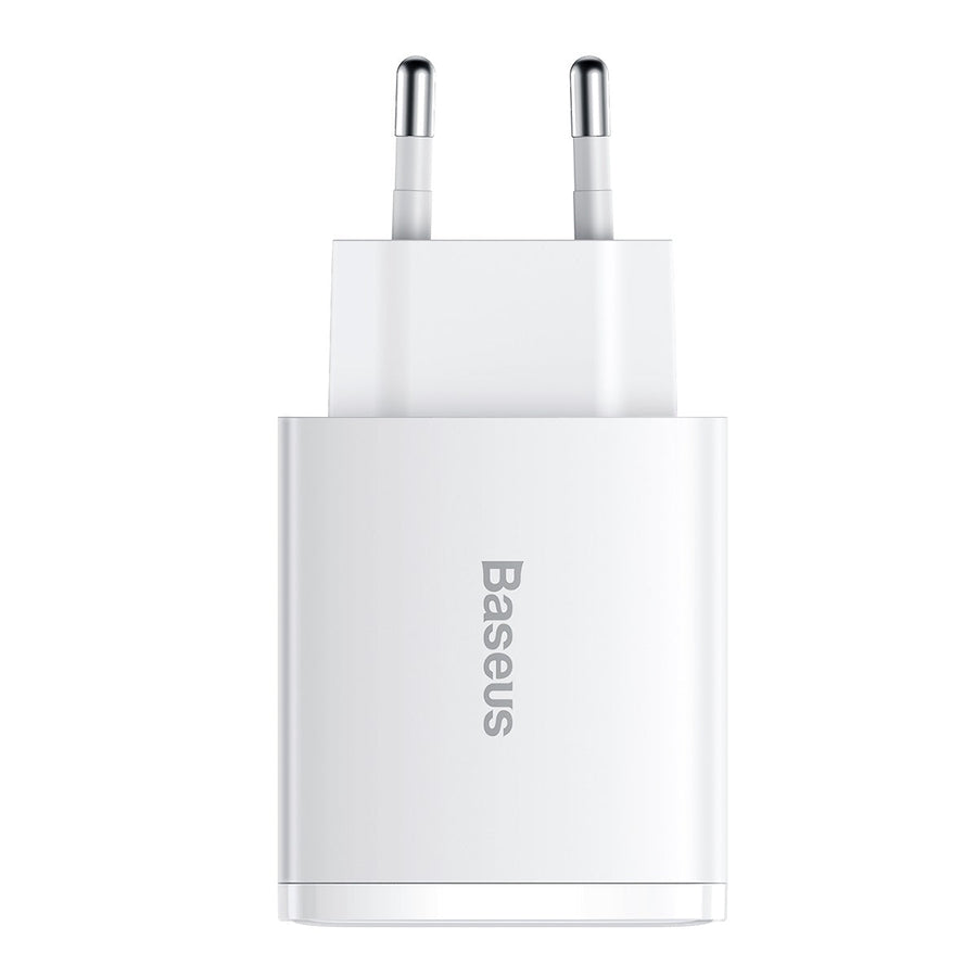 A white Baseus Compact Quick Charger with a EU plug.