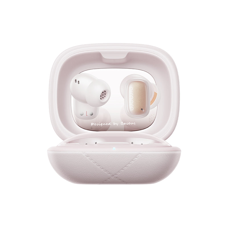 Wireless earbuds in a pink case on a white background