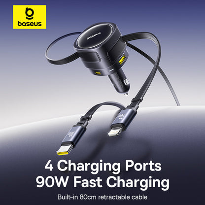 Baseus car charger with multiple ports on a gradient background