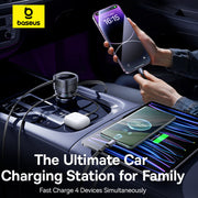 Car charging station with multiple devices being charged, including a smartphone and a pair of earbuds, with Baseus branding.